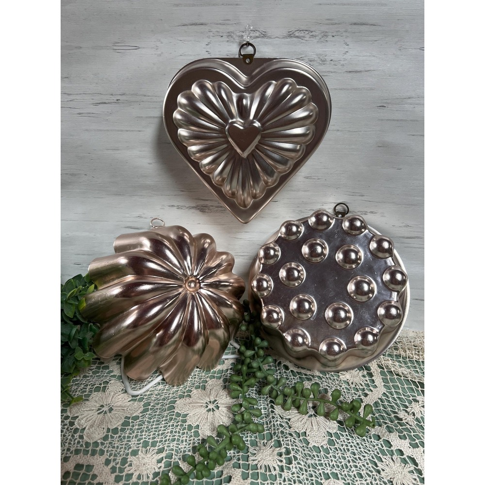 Copper Plated Jello Molds Heart Round  Fluted Gelatin Salad Mold Bundle Vintage
